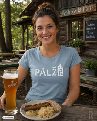 Frauen t-shirt in hellblau mit weißen pälz grafik design und stilisierten burgen als motiv
