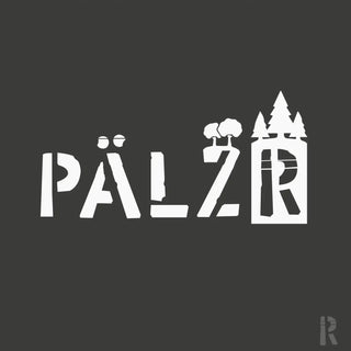 Weißes stylisiertes pälzr logo mit baum und burg auf dunkelgrauem frauen t shirt pälzrwald in verschiedenen farben