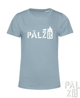 Frauen kurzarm t-shirt in hellblau mit weißem pälzr schriftzug und wald- und burg-motiven in verschiedenen farben