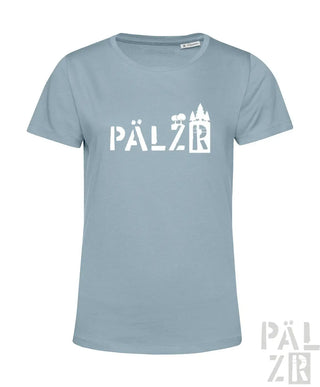 Frauen kurzarm t-shirt in hellblau mit weißem pälzr schriftzug und wald- und burg-motiven in verschiedenen farben