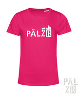 Vibrantes pinkes damen t-shirt mit weißem pälzr grafik print aus stylisierten bäumen und schloss silhouetten