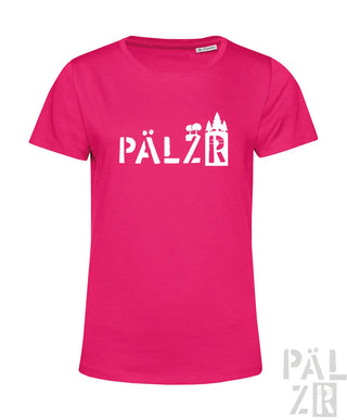 Vibrantes pinkes damen t-shirt mit weißem pälzr grafik print aus stylisierten bäumen und schloss silhouetten