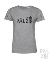 Damen t-shirt aus grauem meliertem baumwollstoff mit schwarzem pälz grafik und stilisierten bäumen im lettering