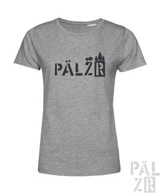 Damen t-shirt aus grauem meliertem baumwollstoff mit schwarzem pälz grafik und stilisierten bäumen im lettering