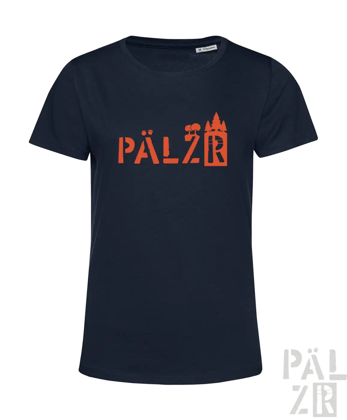 Frauen navy blaues kurzarm t shirt mit orange farbenem pälzr grafik mit bäumen und burg silhouette