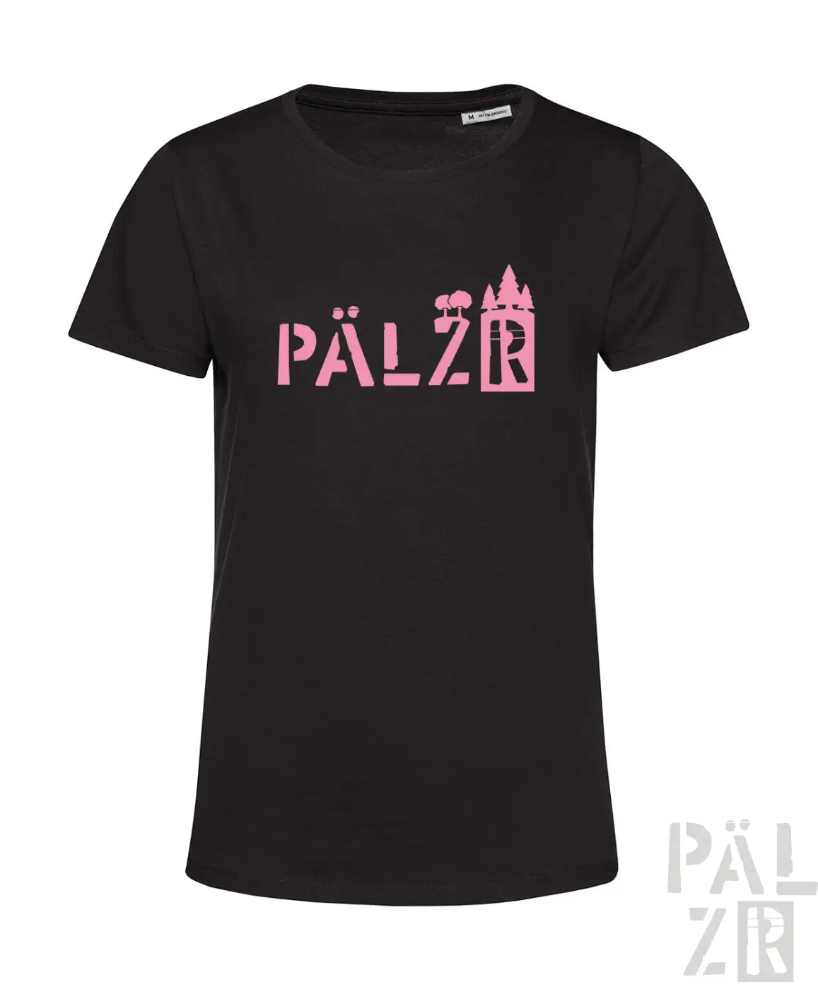 Schwarzes kurzarm damen t-shirt mit pinkem pälzrwald grafikdruck featuring stilisierte bäume und schloss silhouetten