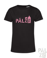 Schwarzes kurzarm damen t-shirt mit pinkem pälzrwald grafikdruck featuring stilisierte bäume und schloss silhouetten
