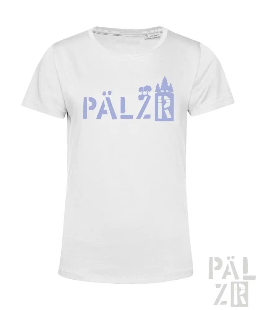Weißes T-Shirt mit lila „pälzr“-Logo und Burgen-Design.