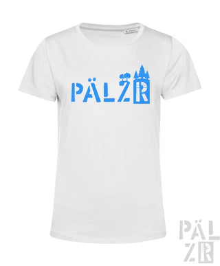 Weißes T-Shirt mit blauem ’pälzr’-Text und Burgen-Design.