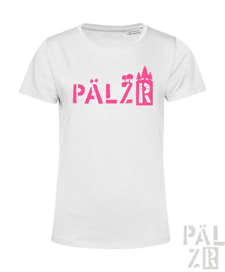 Weißes T-Shirt mit pinkem ’pälzr’-Text und Burgen-Design.