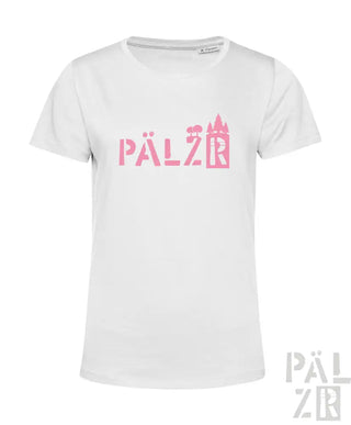 Weißes T-Shirt mit pinkem ‚pälzr‘-Logo und Kronen-Design.