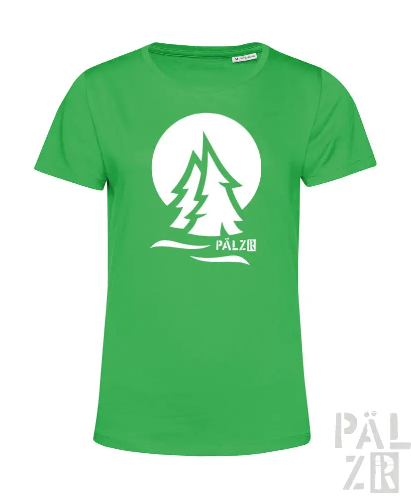 Grünes T-Shirt mit weißem Baum-Design und Text „pälzer“ auf der Vorderseite, aus Baumwolle.