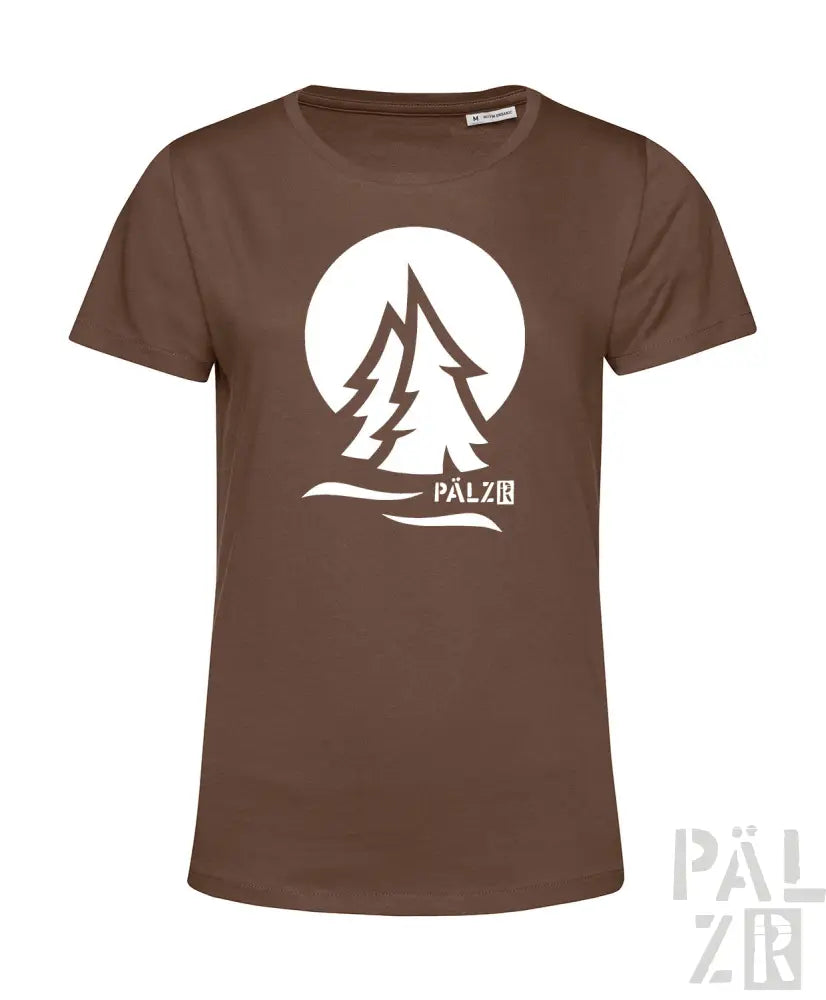 Braunes T-Shirt mit weißem Baum-Design und Text „palzir“ auf der Vorderseite, aus Baumwolle gefertigt.