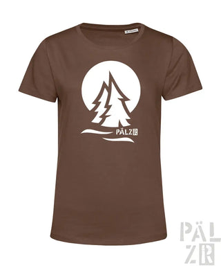 Braunes T-Shirt mit weißem Baum-Design und Text „palzir“ auf der Vorderseite, aus Baumwolle gefertigt.