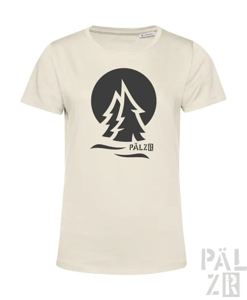 Cremeweißes T-Shirt mit schwarzem Baum- und Wellen-Design, ’pälzbr’ Text.