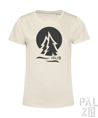 Cremeweißes T-Shirt mit schwarzem Baum- und Wellen-Design, ’pälzbr’ Text.