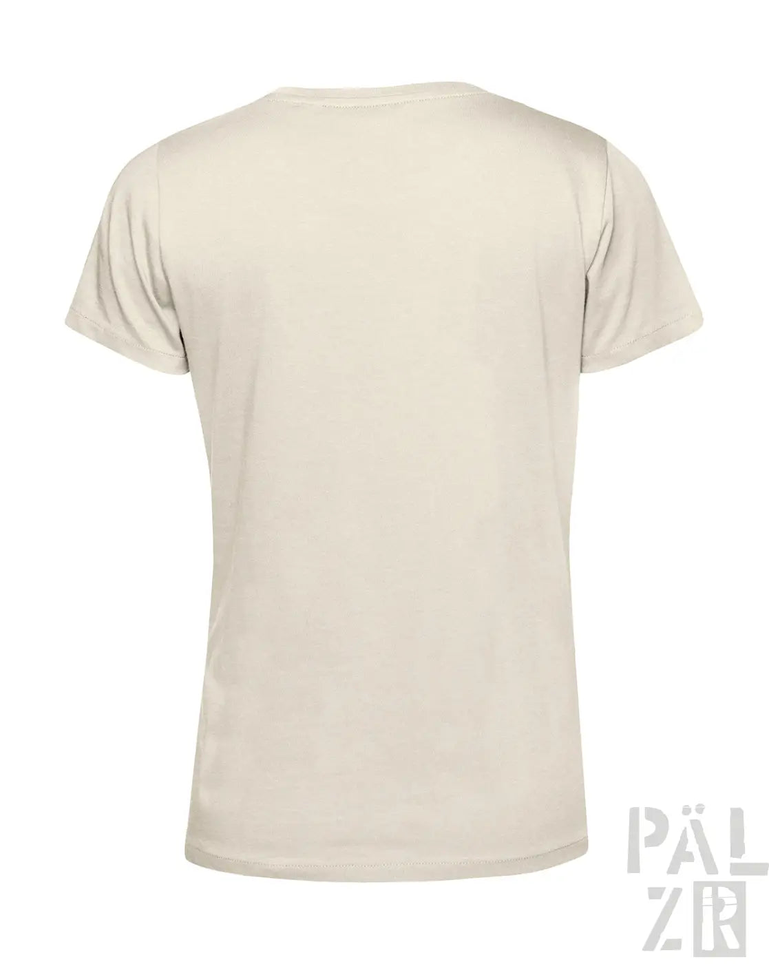 Cremeweißes kurzärmeliges T-Shirt mit V-Ausschnitt und ’pälzr’-Logo auf dem Rücken.