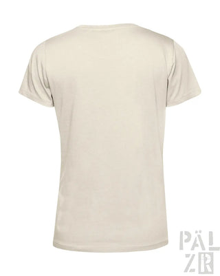Cremeweißes kurzärmeliges T-Shirt mit V-Ausschnitt und ’pälzr’-Logo auf dem Rücken.