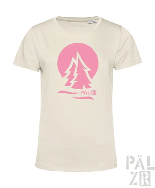 Cremeweiße T-Shirt mit pinkem Baum-Design und ’pälzr’-Logo.
