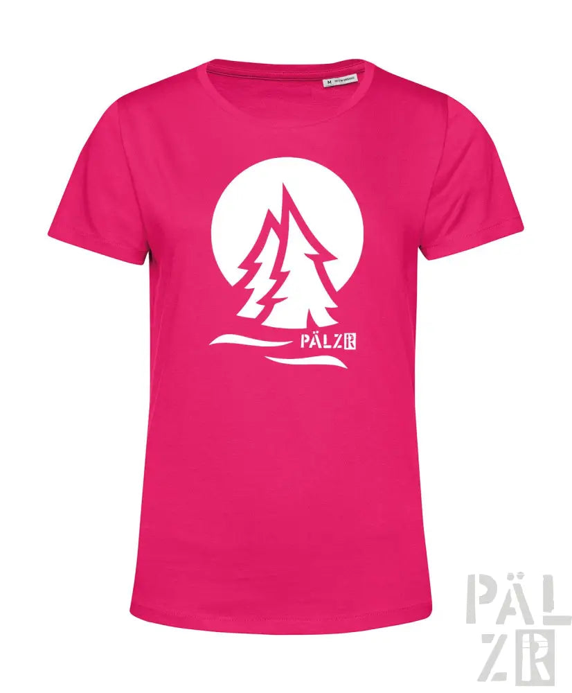Rosa T-Shirt mit weiß-rotem Baum-Design, Text ’palzir’.
