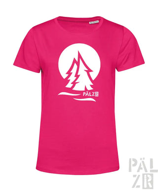Rosa T-Shirt mit weiß-rotem Baum-Design, Text ’palzir’.