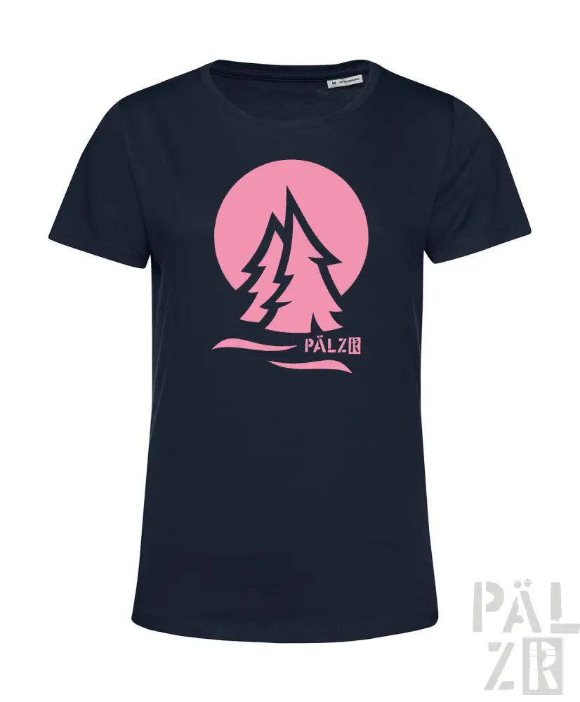Marineblaues T-Shirt mit pinkem Baum-Design und ’pälzb’-Text.