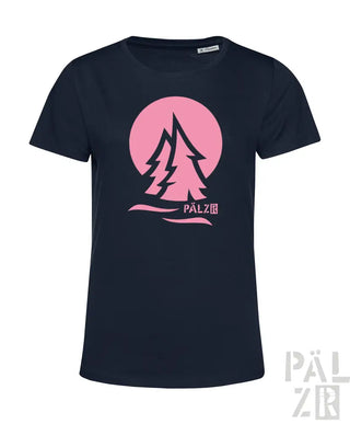 Marineblaues T-Shirt mit pinkem Baum-Design und ’pälzb’-Text.