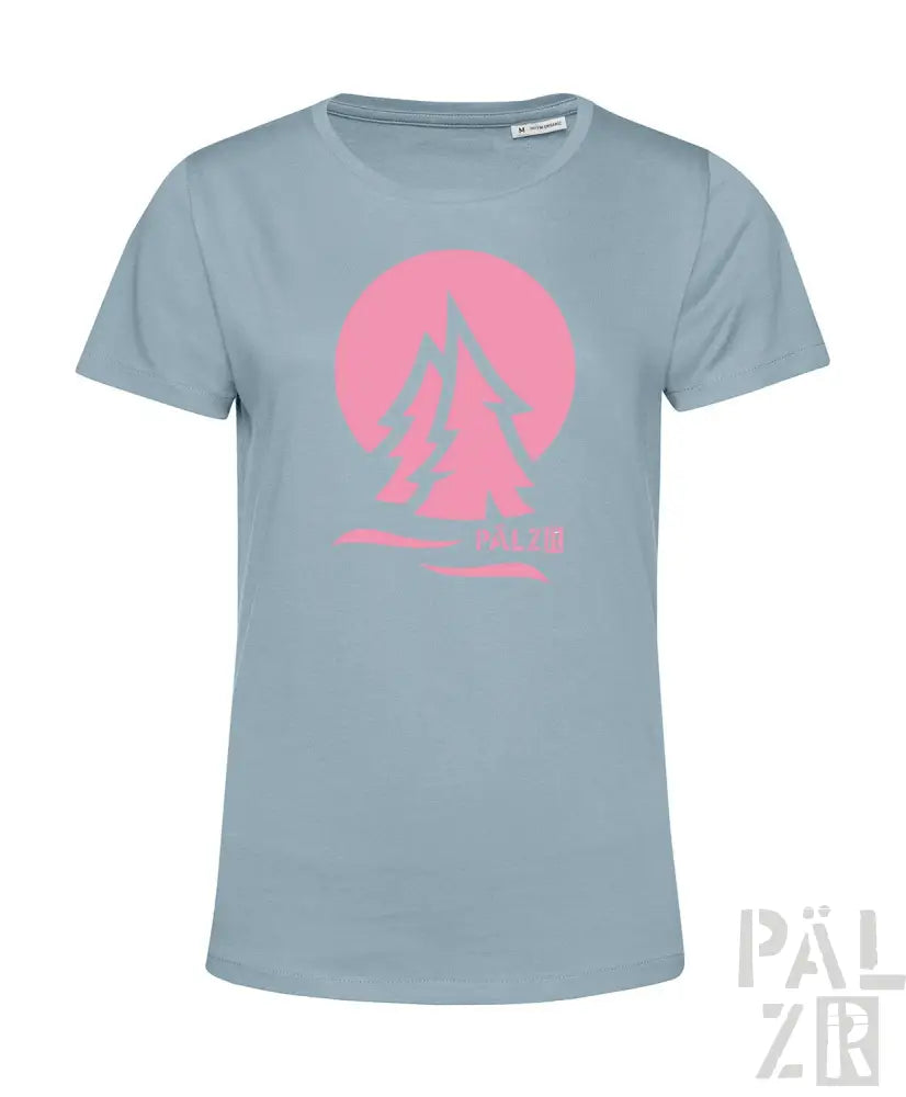 Hellblaues T-Shirt mit pinkem Segelboot-Design und ’pälzer’-Logo.