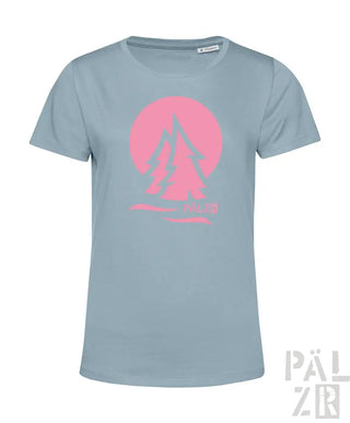Hellblaues T-Shirt mit pinkem Segelboot-Design und ’pälzer’-Logo.