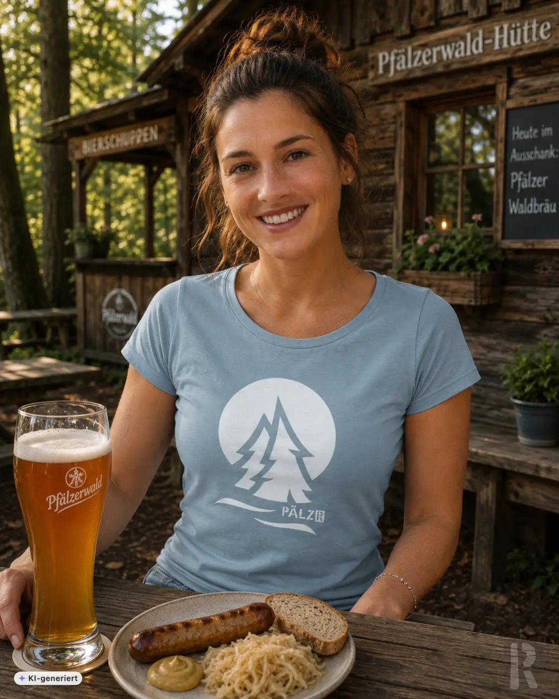Frauen kurzarm t shirt in hellblau mit weißem pälzer wald logo und stilisierten kiefern auf der vorderseite