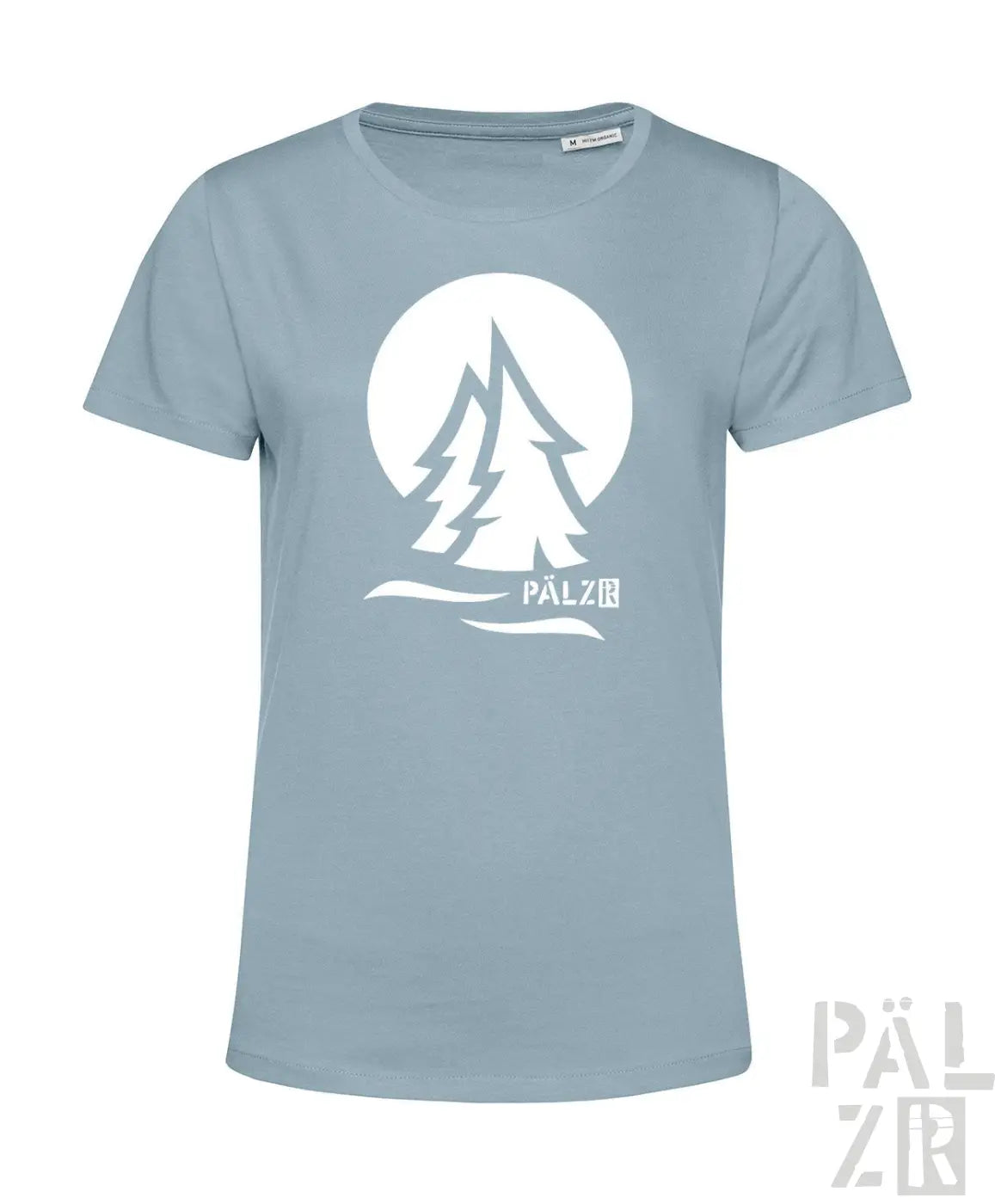 Hellblaues frauen t-shirt aus baumwolle mit weißem pälz logo und grafik zweier kiefern vor mond aufdruck