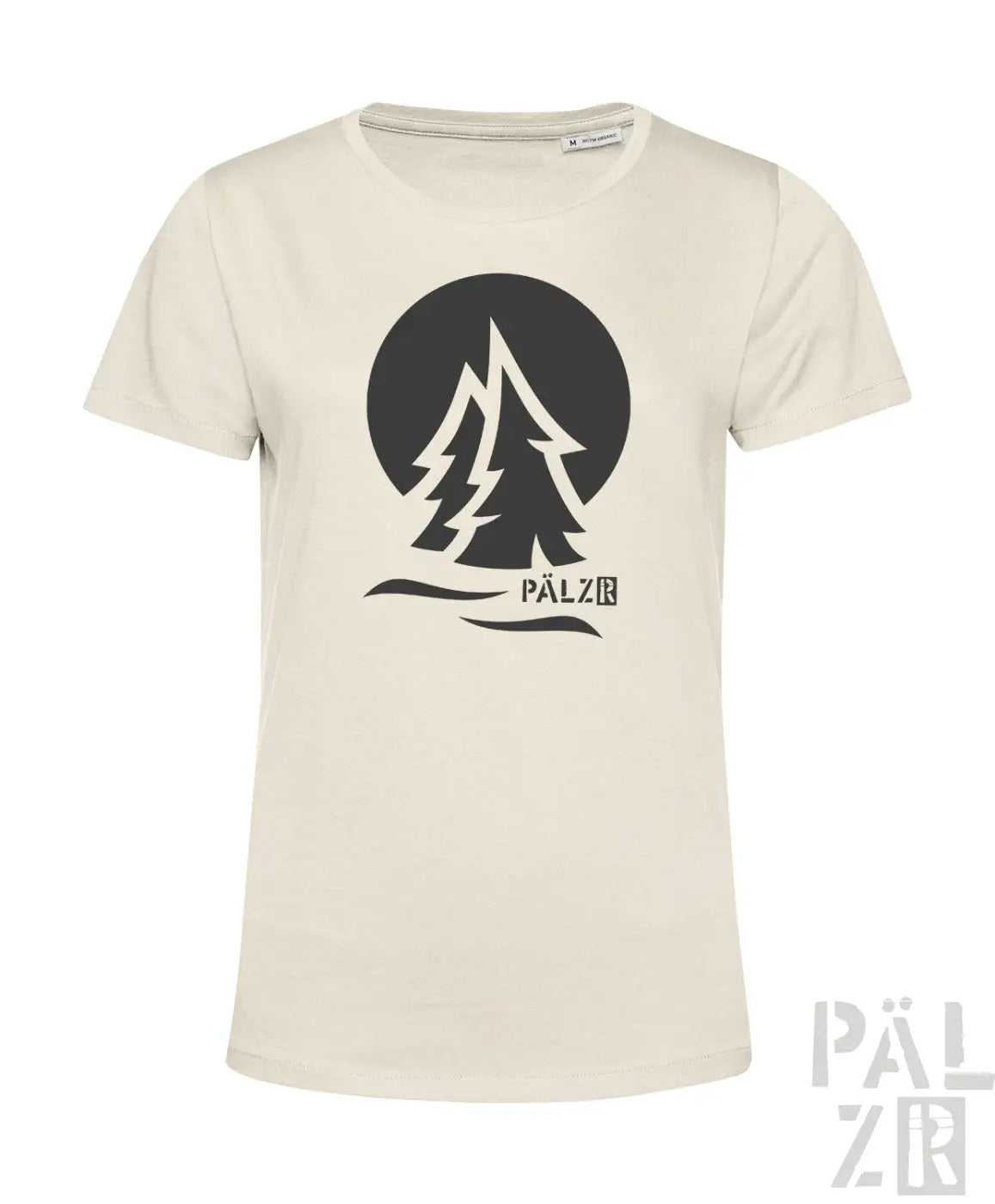 Creamfarbenes frauen t shirt mit schwarzem stylisiertem waldmotiv und pälzb logo unterhalb auf sage farbigem stoff