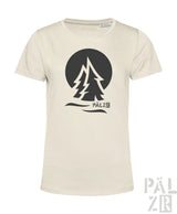 Creamfarbenes frauen t shirt mit schwarzem stylisiertem waldmotiv und pälzb logo unterhalb auf sage farbigem stoff