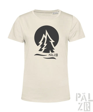 Creamfarbenes frauen t shirt mit schwarzem stylisiertem waldmotiv und pälzb logo unterhalb auf sage farbigem stoff