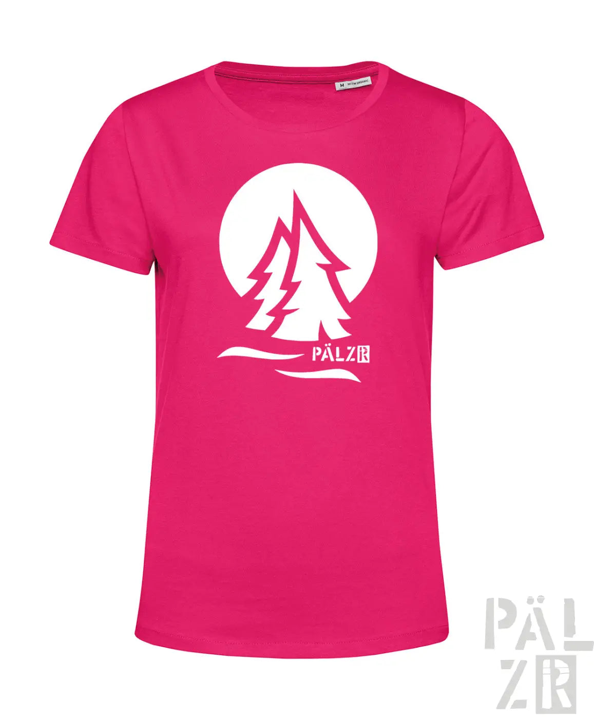 Frauen t-shirt pälzirwald zwei in pink mit weißem logo und stilisierten kiefern vor mondmotiv