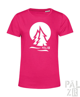 Frauen t-shirt pälzirwald zwei in pink mit weißem logo und stilisierten kiefern vor mondmotiv