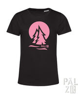Frauen kurzarm t-shirt päłzwald zwei schwarz mit pinkem waldmotiv und pälz logo in weiss