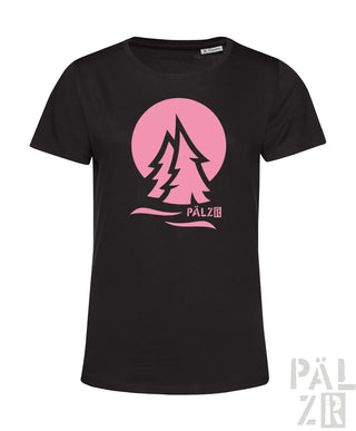 Frauen kurzarm t-shirt päłzwald zwei schwarz mit pinkem waldmotiv und pälz logo in weiss