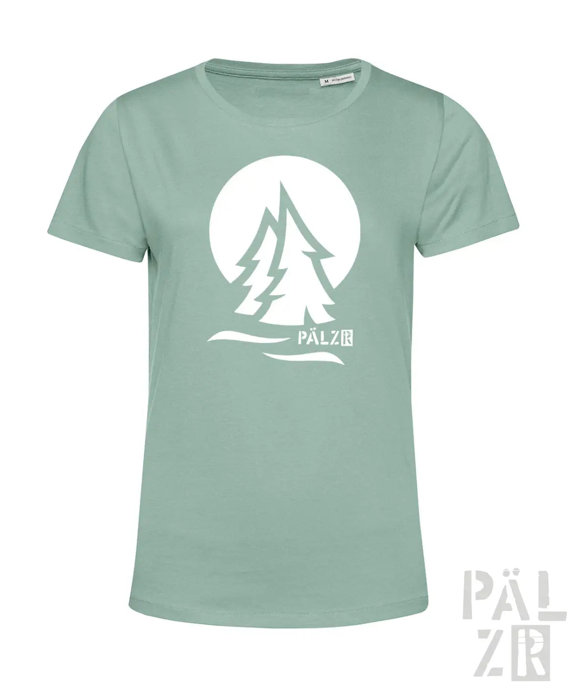 Weiches frauen t shirt in salbeigrün mit weißem logo zweier kiefern vor mond und markenname pälz darunter
