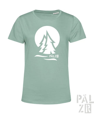 Weiches frauen t shirt in salbeigrün mit weißem logo zweier kiefern vor mond und markenname pälz darunter