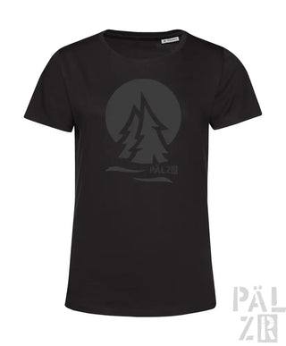Schwarzes T-Shirt mit Baum-Design und ’pälzer’-Text, Baumwollmaterial.