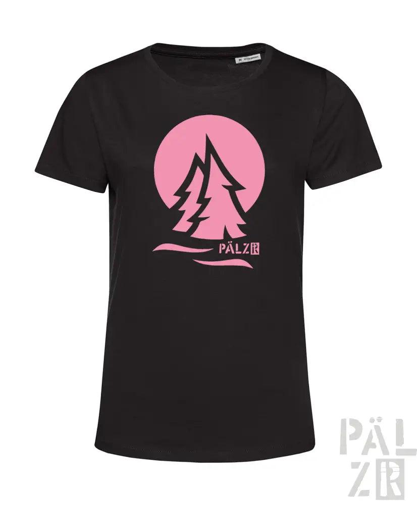 Schwarzes T-Shirt mit pinkem Baum-Design und Text „pälzer“ auf der Vorderseite.