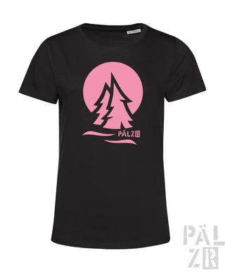 Schwarzes T-Shirt mit pinkem Baum-Design und Text „pälzer“ auf der Vorderseite.