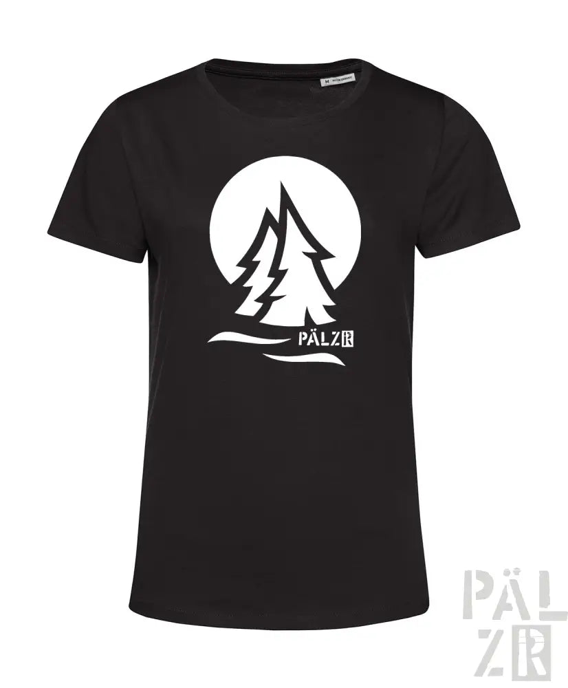 Schwarzes T-Shirt mit weißem Baum-Design und Text ’pälzbr’ auf der Vorderseite, aus Baumwolle.