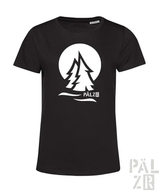Schwarzes T-Shirt mit weißem Baum-Design und Text ’pälzbr’ auf der Vorderseite, aus Baumwolle.