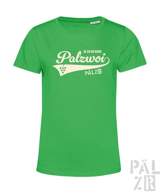 Grünes T-Shirt mit ’palzwoi’-Design und Trauben-Grafik, Baumwollmaterial.