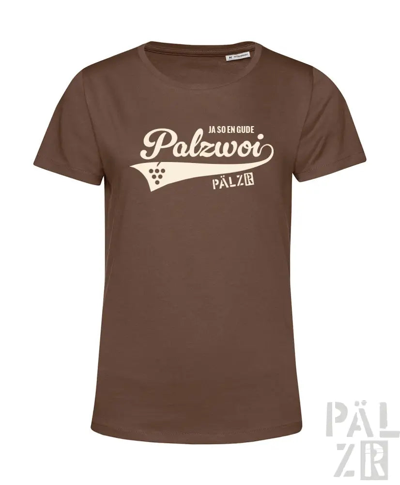 Braunes T-Shirt mit ’polzwoi’-Design und Trauben-Grafik, Baumwollmaterial.