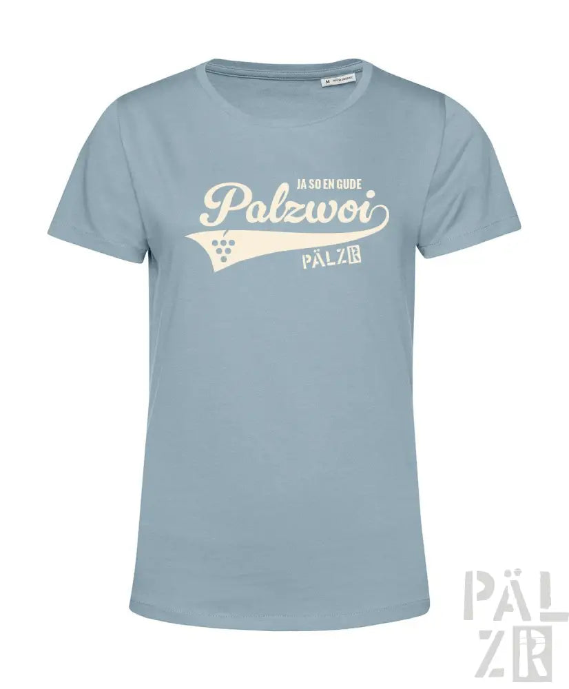 Hellblaues T-Shirt mit ’polzwoi’ Grafikdesign und weißem Text, aus Baumwolle.