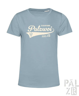 Hellblaues T-Shirt mit ’polzwoi’ Grafikdesign und weißem Text, aus Baumwolle.