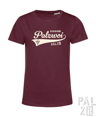 Bordeaux-Farbenes T-Shirt mit ’palzwoi’-Design und Trauben-Grafik, Baumwollmaterial.